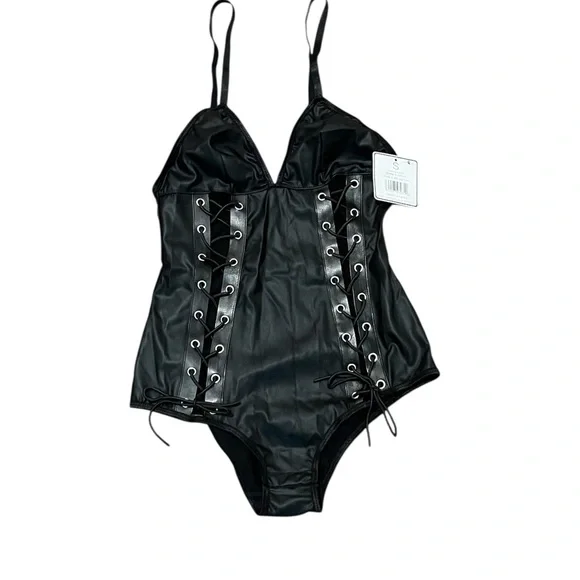 Sexy Faux Leather Teddy Lace up Bodysuit Lingerie: Small - Picture 2 of 5